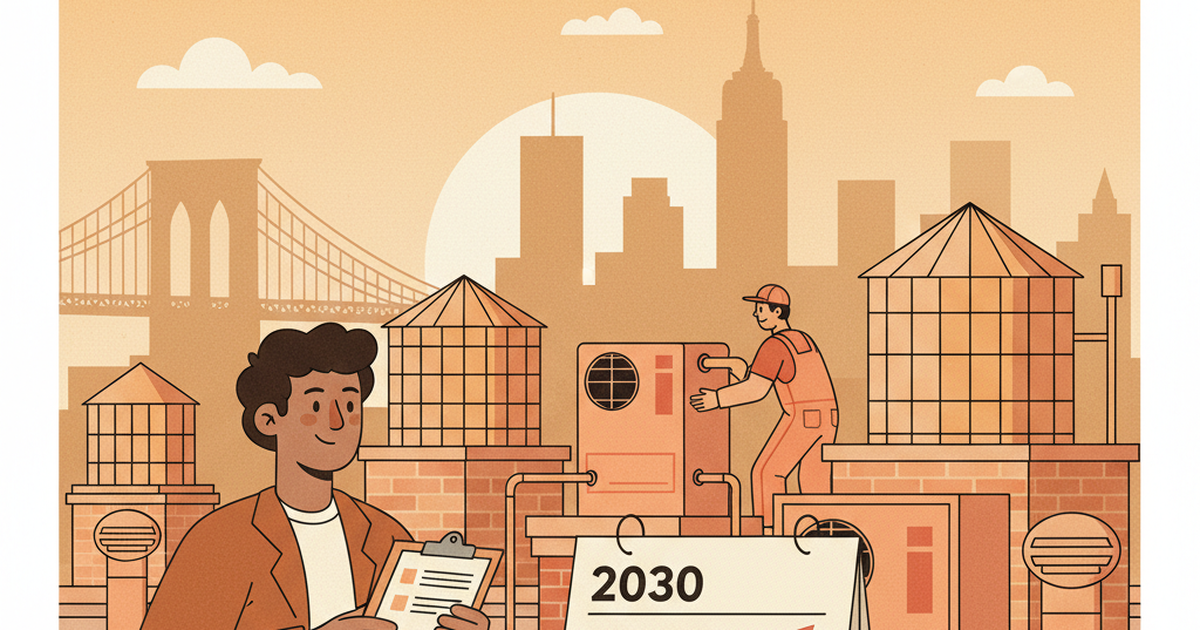 Illustration of a building owner on a NYC rooftop reviewing a 2030 compliance plan with heat pump equipment being installed and the city skyline in the background