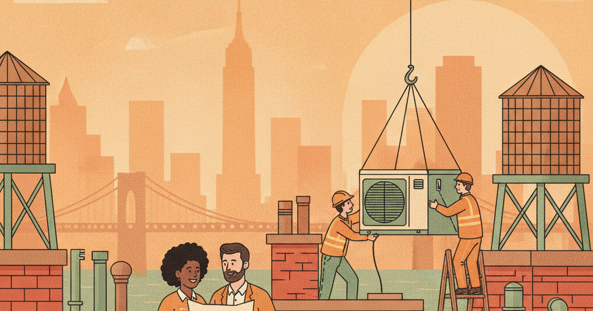 Illustration of two building owners on an NYC rooftop reviewing heat pump installation plans, with heat pump units being installed on the roof and the city skyline in the background