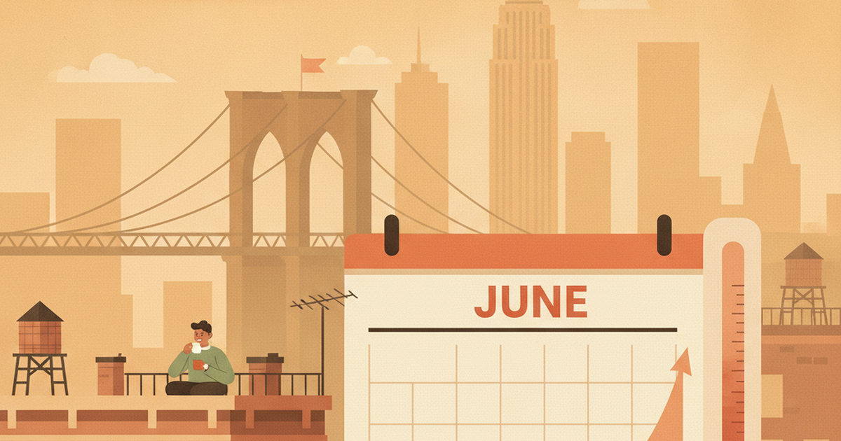 Illustration of a NYC building with a calendar showing June 30 circled and a penalty meter beginning to climb, city skyline behind
