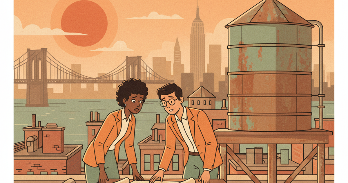 Illustration of two NYC building owners on a rooftop reviewing a title report next to a for-sale sign, with compliance paperwork and NYC skyline in the background