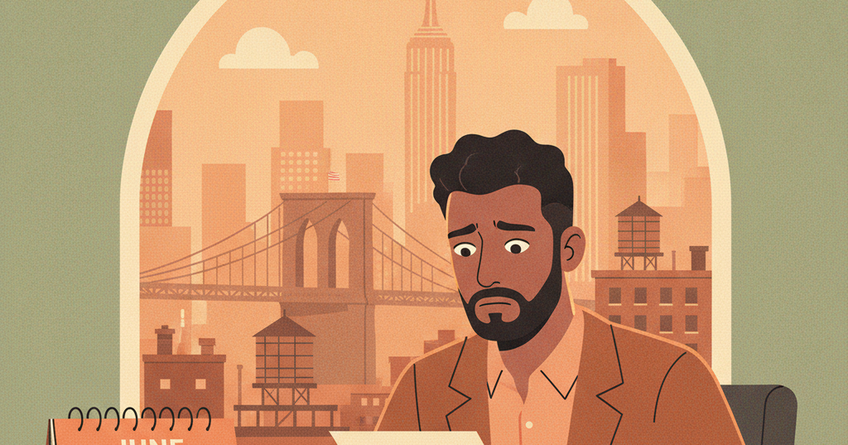 Illustration of a NYC building owner reviewing a formal legal notice from the Department of Buildings at a desk, with a gavel and calendar visible and the NYC skyline through the window