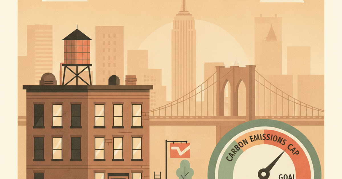 Illustration of a NYC apartment building at a fork in the road, one path a gentle checklist ramp closing behind a barrier, the other leading toward a carbon-cap gauge, with the city skyline behind