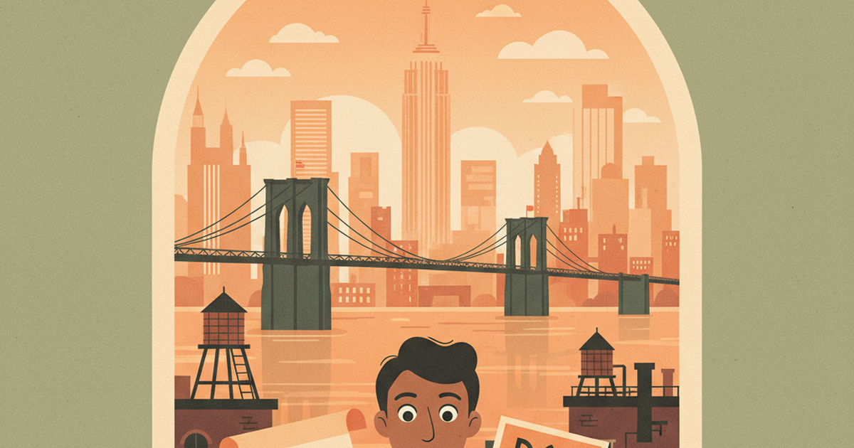 Illustration of a building owner at a desk in NYC, holding a state budget document next to a DOB penalty notice, with the NYC skyline and city hall dome visible through the window