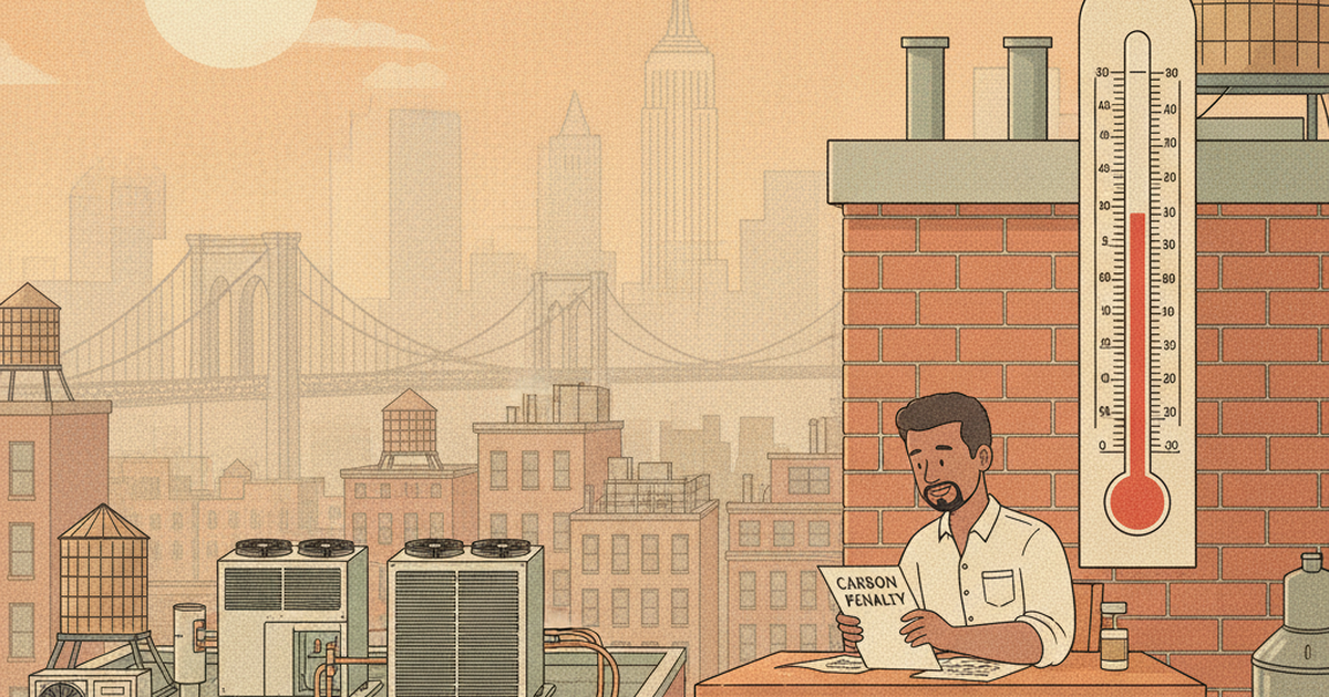 Illustration of a NYC apartment building rooftop in extreme summer heat with window air conditioners on the facade, a building owner reviewing compliance documents, and VRF heat pump units nearby with the city skyline in the hazy background