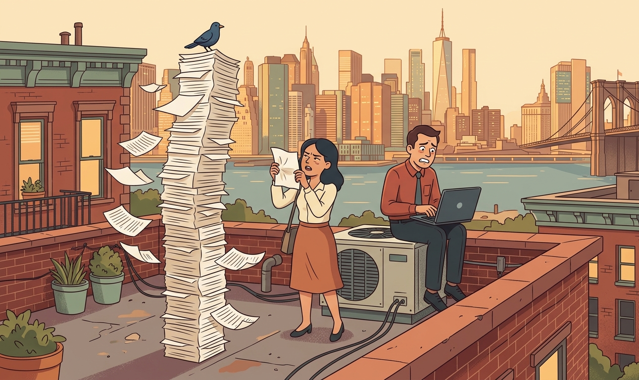 Illustration of two people on a NYC rooftop looking confused at a tall stack of compliance paperwork with a CO2 cloud forming a dollar sign