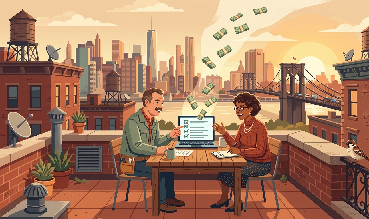 Illustration of two people on a NYC rooftop discovering building incentives on a laptop with money floating upward