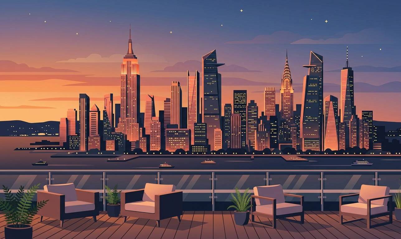 NYC skyline at dusk viewed from a rooftop