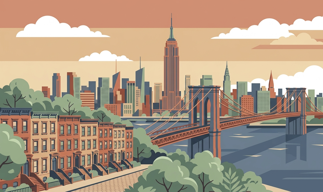 Illustration of NYC skyline with brownstones, Brooklyn Bridge, and Empire State Building