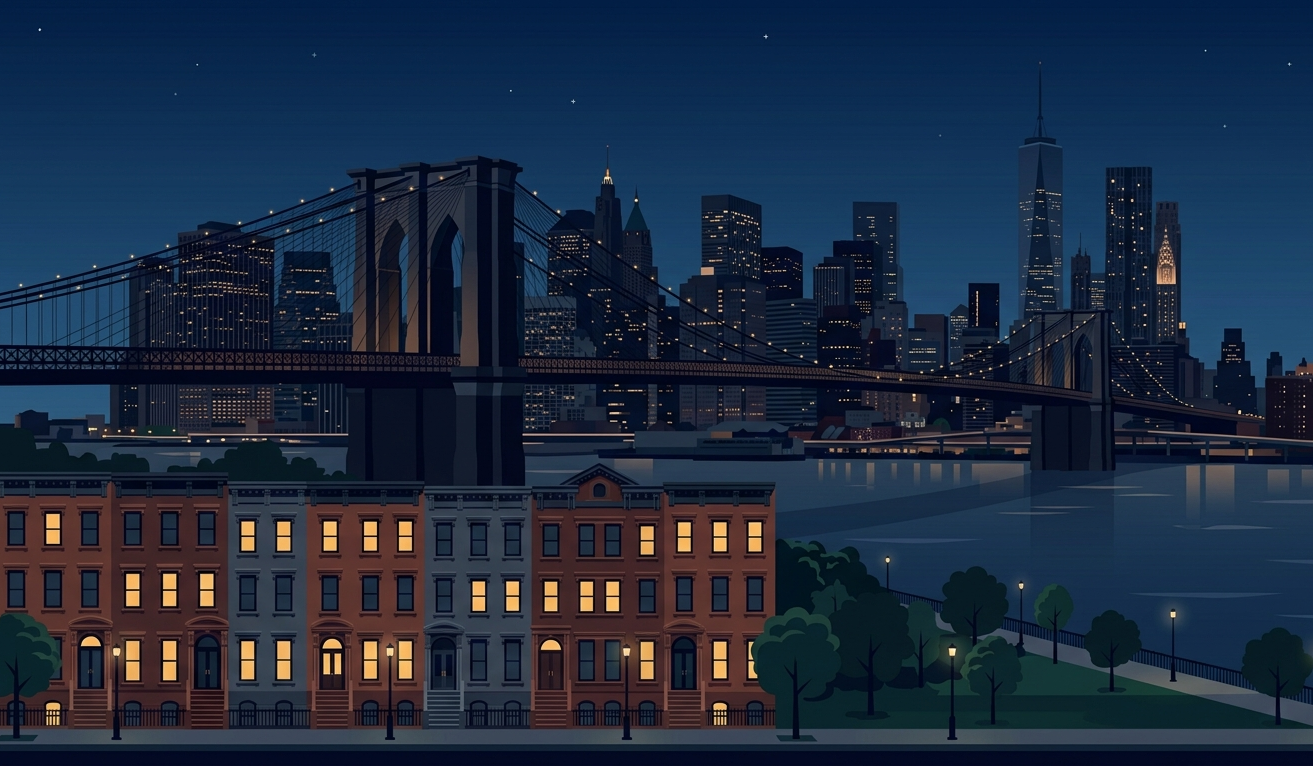 Illustration of NYC skyline at night with brownstones and Brooklyn Bridge lights